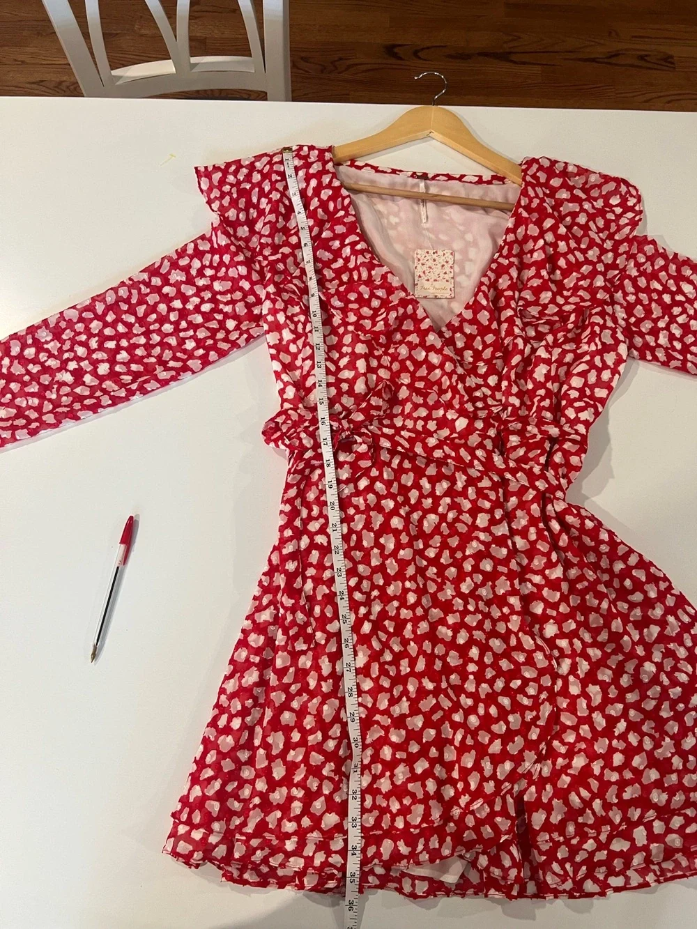 Free People Red and White Floral Wrap Long Sleeve Dress